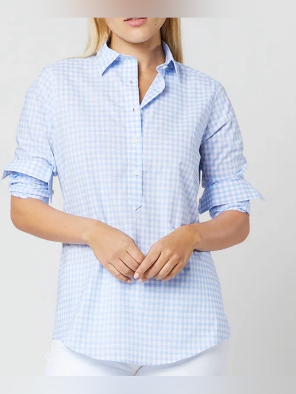 ANN MASHBURN Tomboy Popover Shirt Light STRIPE Blue Button-Down Shirt. Pit-pit19 - Picture 2 of 10